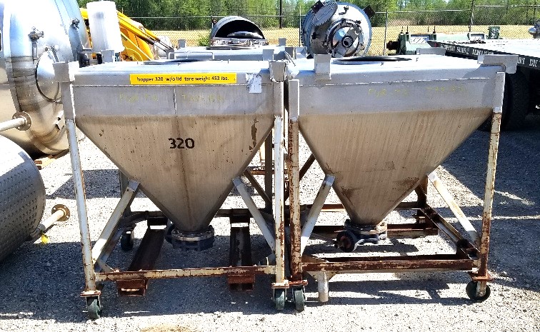 (1) Approx 20 cu.ft. Stainless Steel tote/hopper tank (~150 gal). Stackable and portable on wheels. 3'6